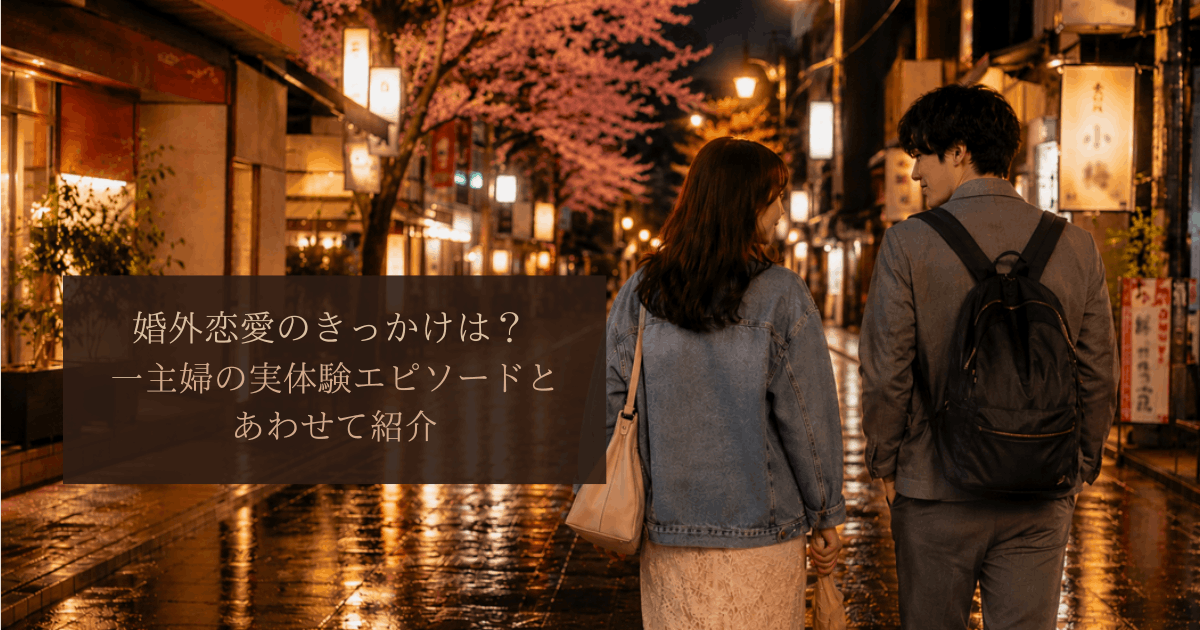 婚外恋愛の始まりをイメージした画像（雨上がりの帰り道、別れ際に立ち止まる男女）