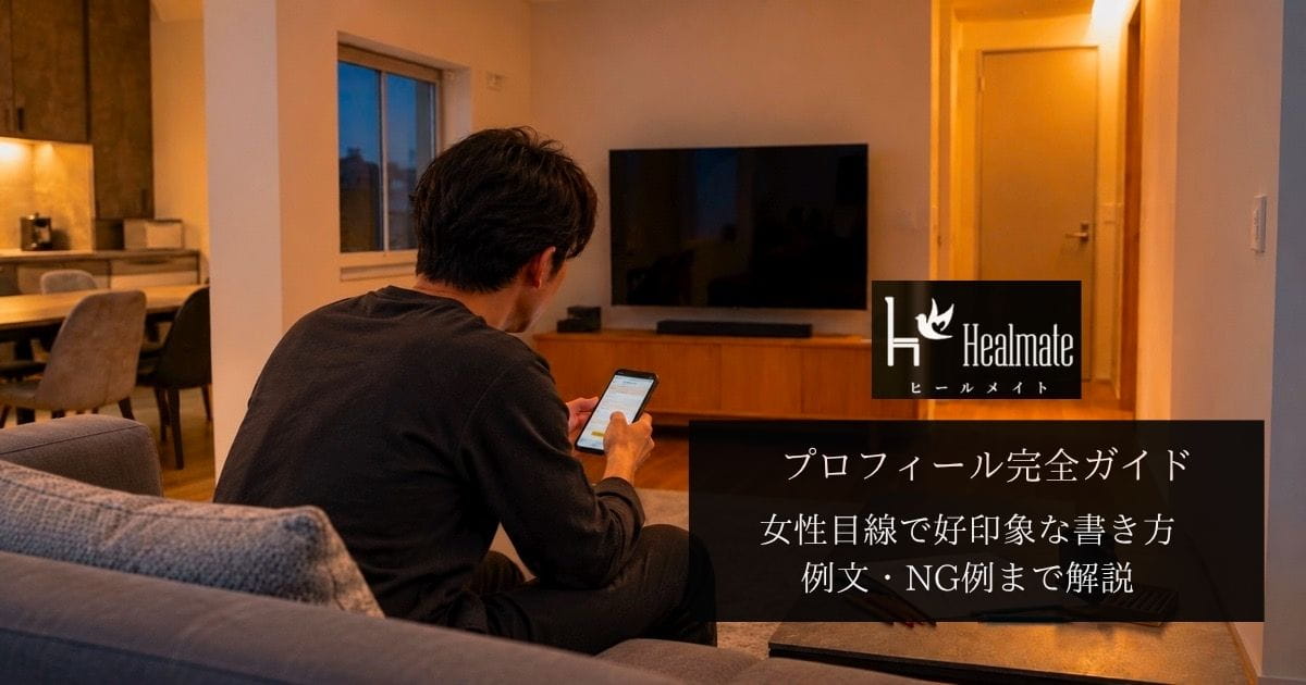 自宅リビングのソファでヒールメイトのプロフィールを設定する男性のイメージ